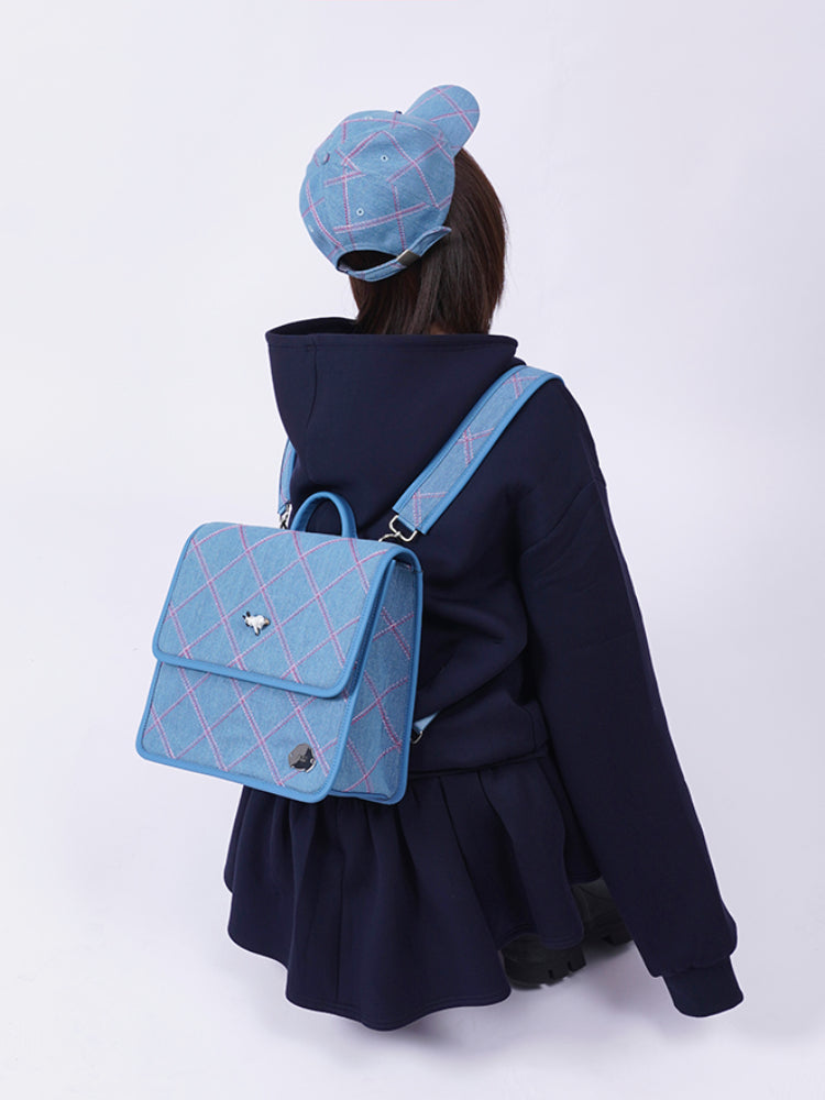 Plaid denim one-shoulder backpack