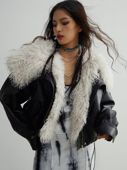 Removable large fur collar imitation leather jacket