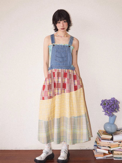 Denim patchwork suspender dress