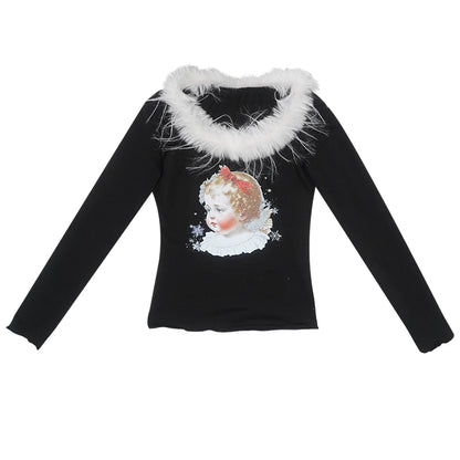 Vintage Angel Print Fur Collar Long Sleeve T-Shirt