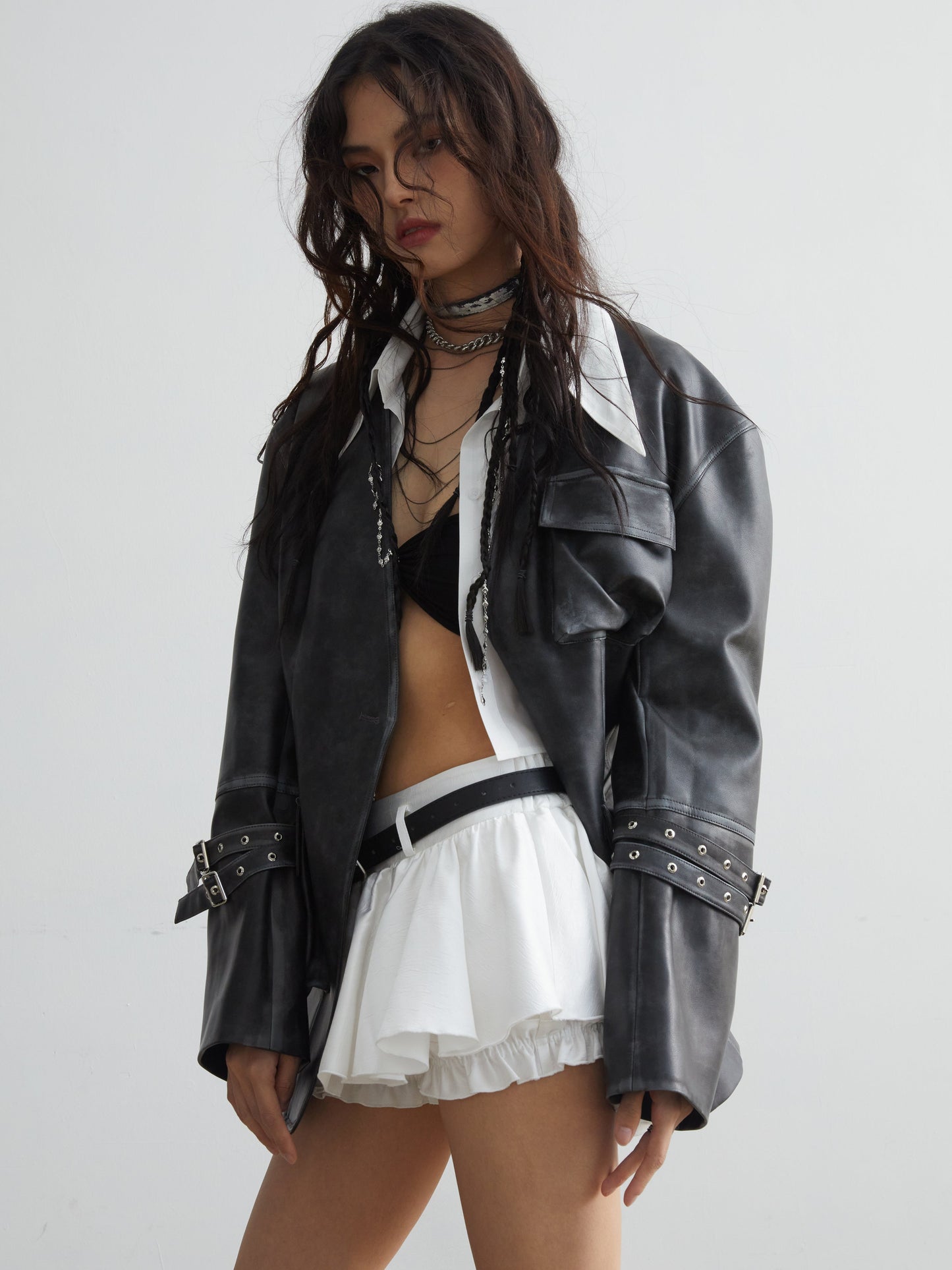 Vintage imitation pocket leather jacket