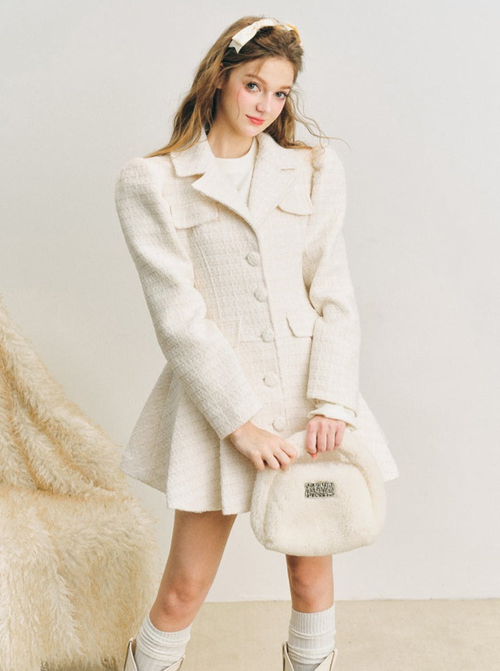 Mid-length pleated waist woolen jacket