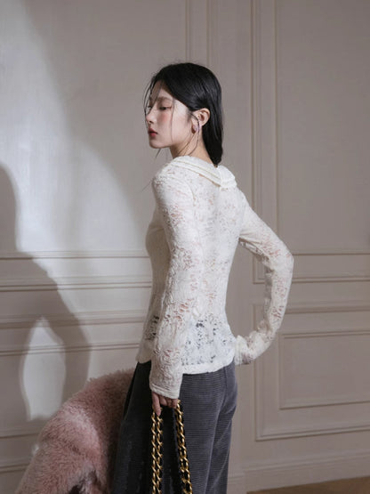 Wool lace ruffle tight shirt