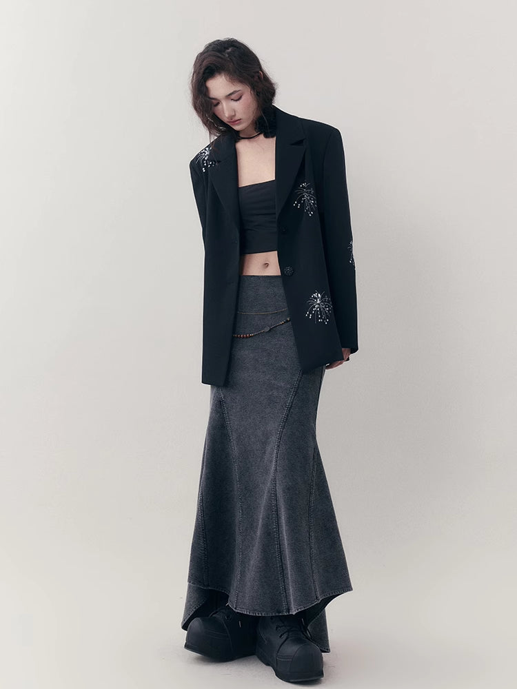 Embroidered Casual Jacket + Casual Wide Leg Pants