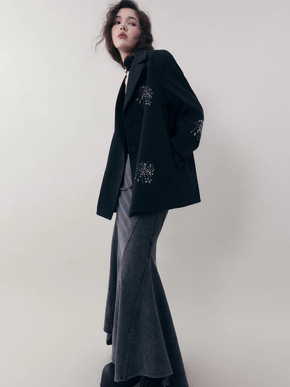 Embroidered Casual Jacket + Casual Wide Leg Pants