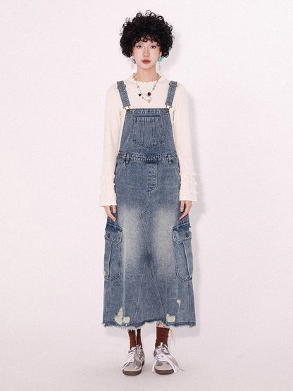 Loose denim suspender skirt