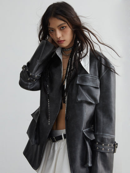 Vintage imitation pocket leather jacket