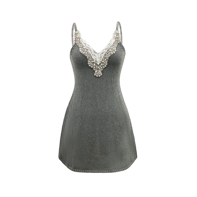 Grey V-Neck Knitted Slip Dress