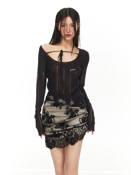 Asymmetrical lace pleated skirt