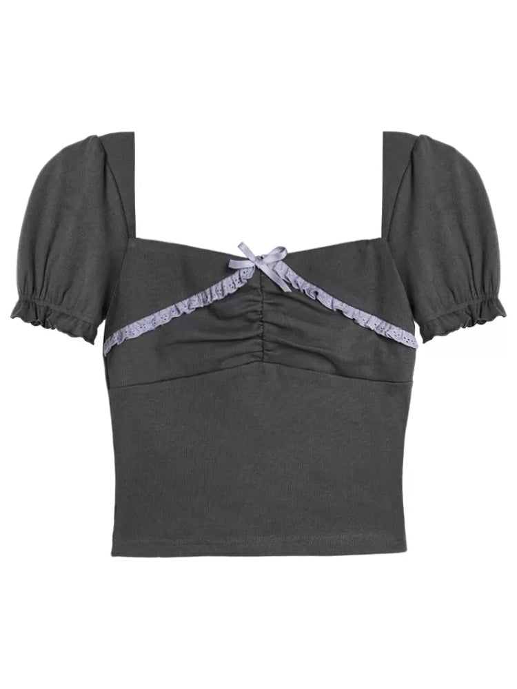 Square neck lace short sleeve tops