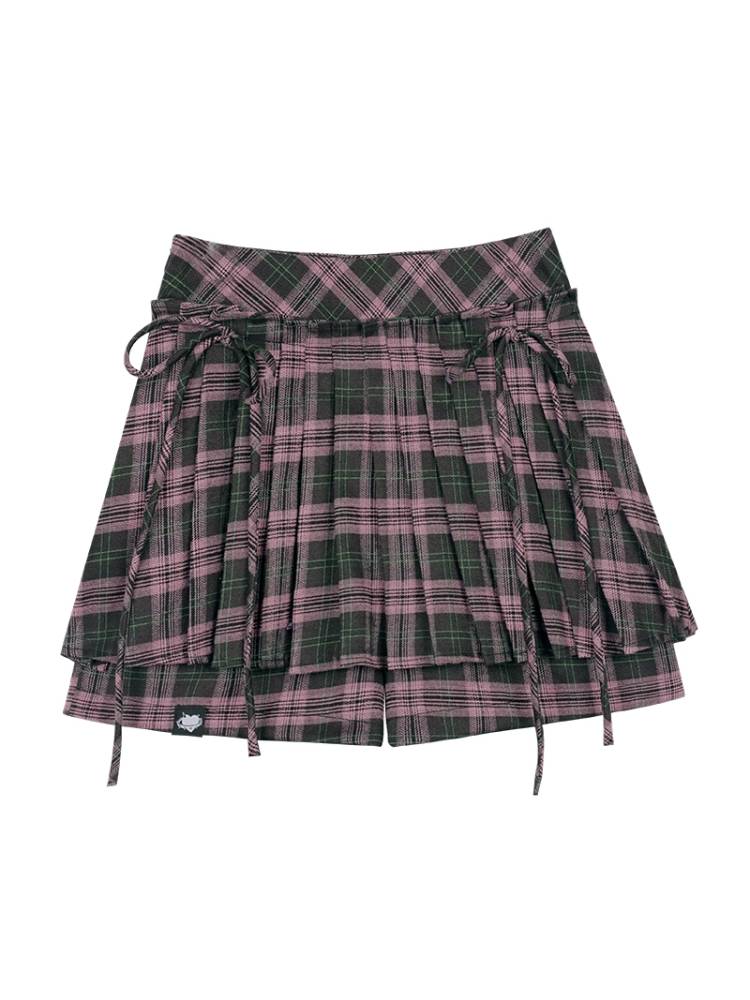 Plaid Ribbon Pleated Culottes