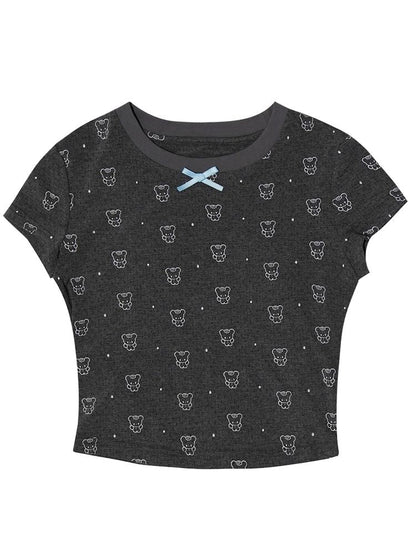 Bear print polka dot short sleeve T-shirt