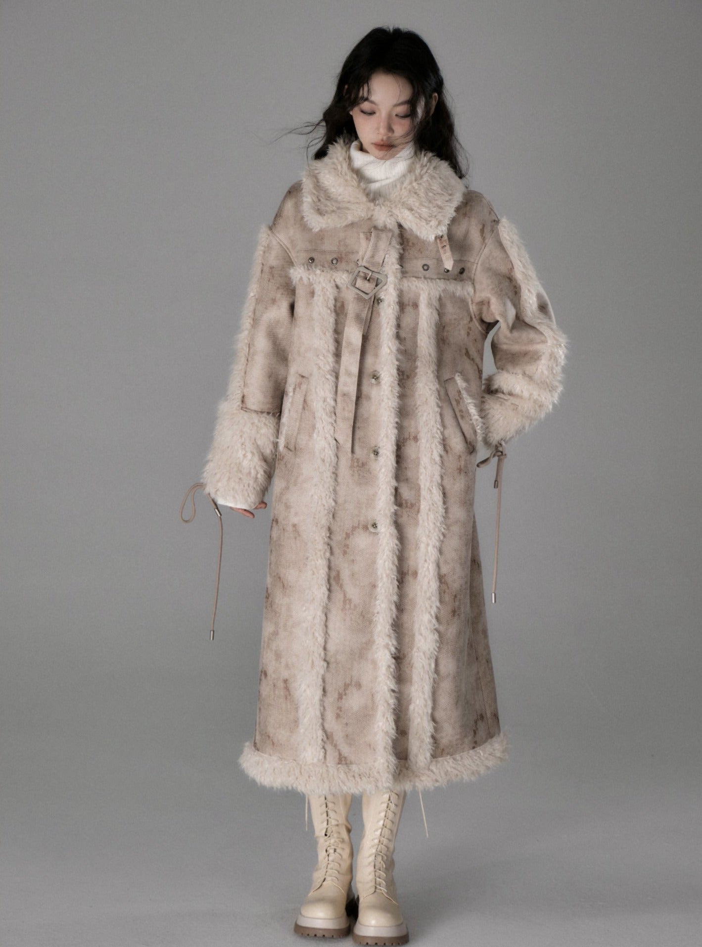 Long lamb fur integrated stitching jacket