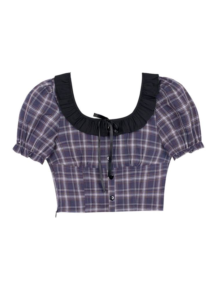 Plaid short puff sleeve shirt