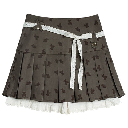 Original Brown Bear Print Pleated Skirt