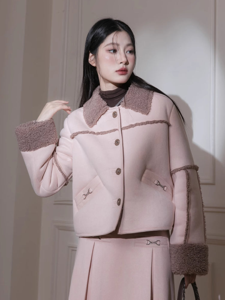 Suede lamb wool jacket+skirt set