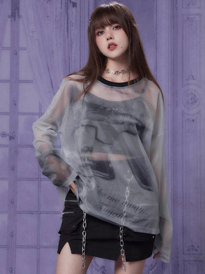 Printed mesh long sleeve T-shirt