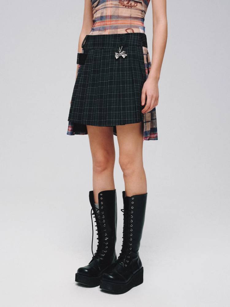 Plaid A-pleated skirt