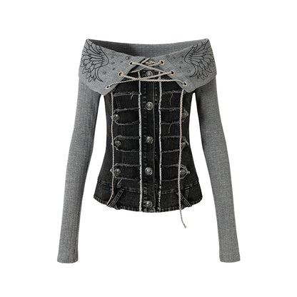 Vintage Denim Embroidered Long Sleeve Shirt