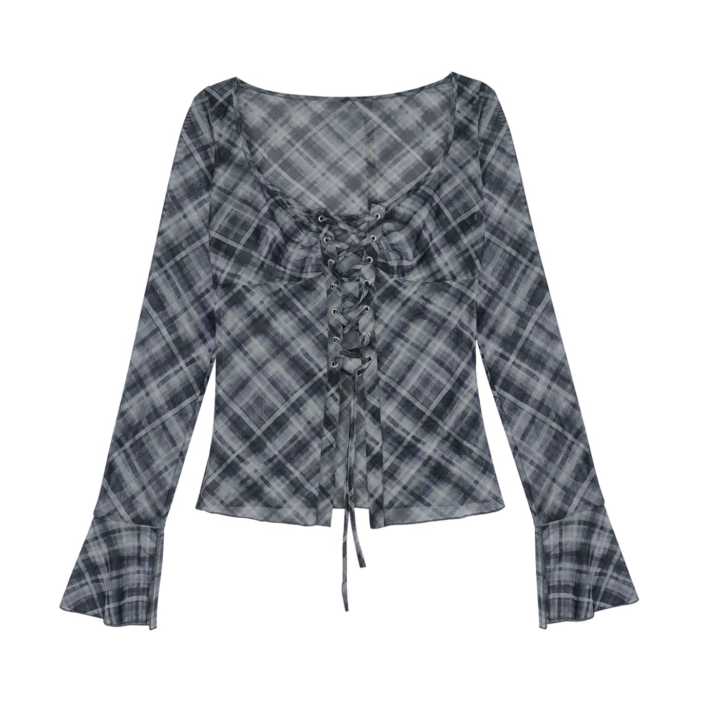 Gray Plaid Tie-Neck Top Set-Up