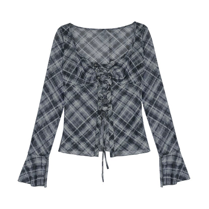 Gray Plaid Tie-Neck Top Set-Up