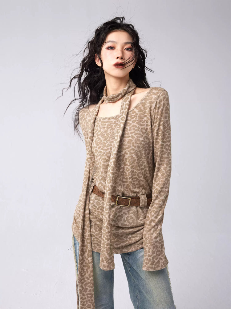 Leopard print scarf and one shoulder sweater