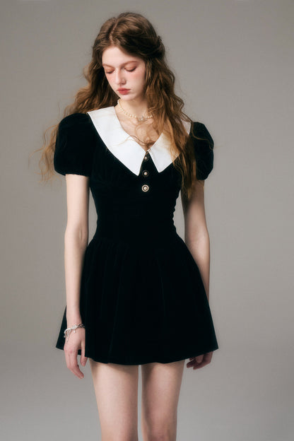 Velvet puff sleeve dress with collar