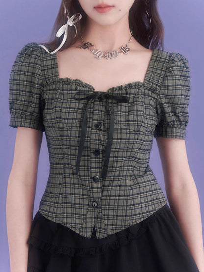 Puff sleeve plaid short sleeve shirt