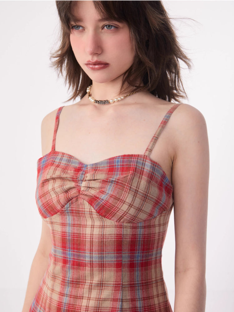 Retro plaid suspender dress