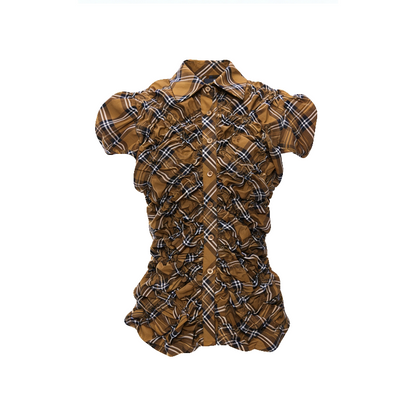 Yellow Plaid Puff-Sleeve Blouse