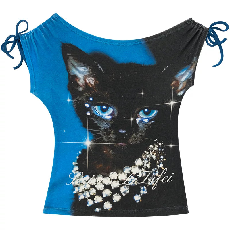 Blue Cat Print Short-Sleeved T-Shirt