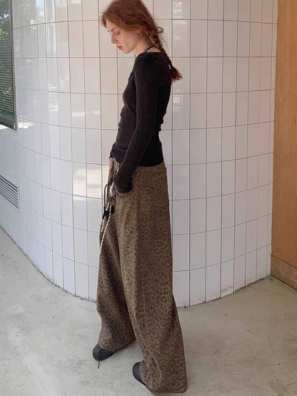 Leopard print straight wide leg pants