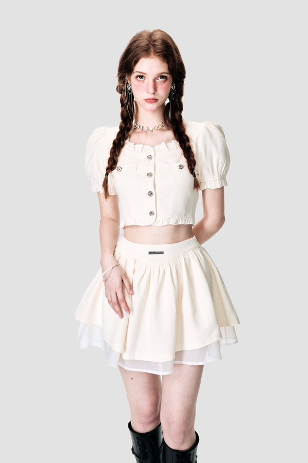 Cropped Puff Sleeve Top Sheer A-Line Skirt