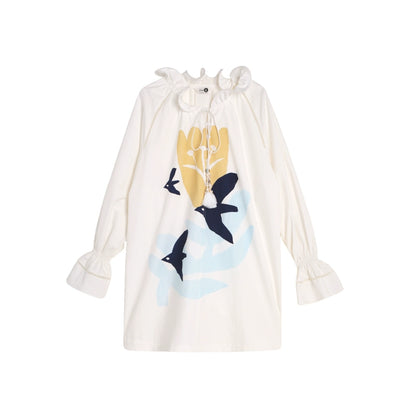 Tulip Bird Print Wood Ear Collar Long Top