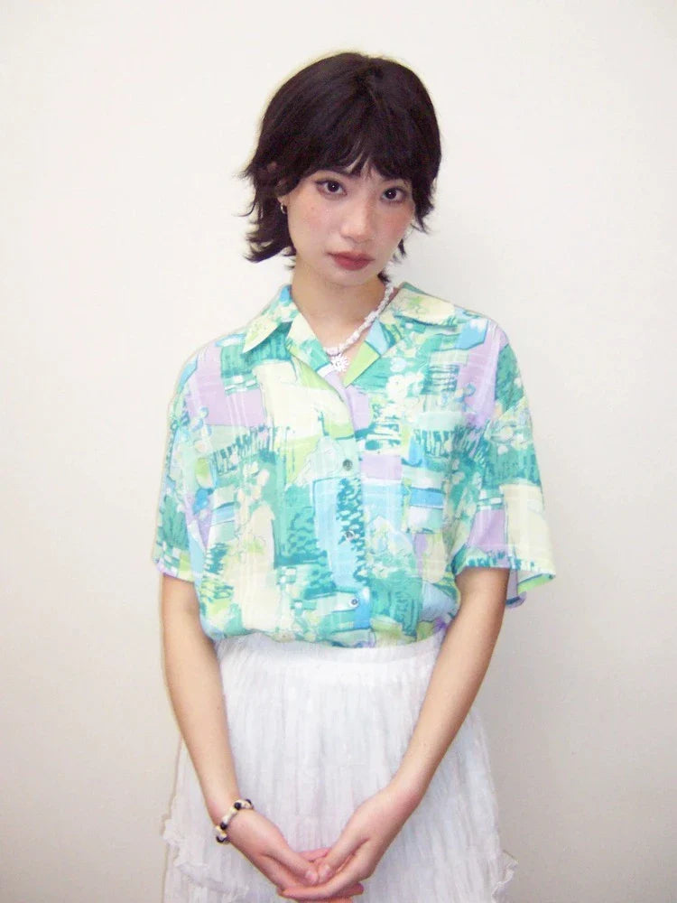 Hand-painted printed short sleeve shirt