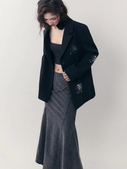 Embroidered Casual Jacket + Casual Wide Leg Pants