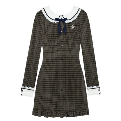 Checkered Doll Collar Long Sleeve Dress