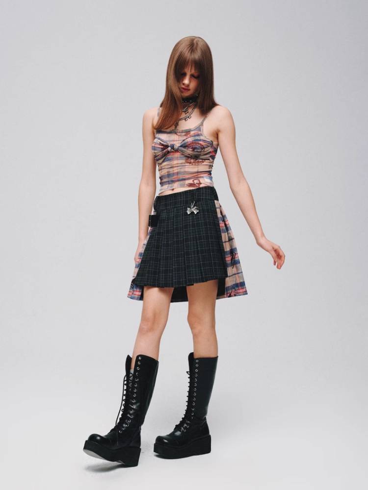 Plaid A-pleated skirt