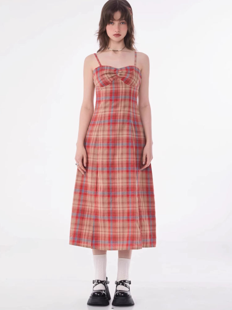 Retro plaid suspender dress