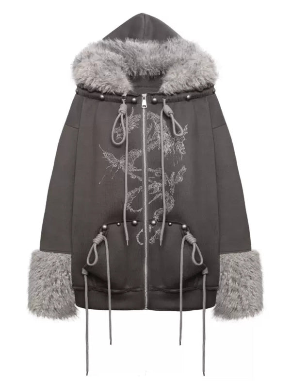 Fur and velvet hooded sweatshirt