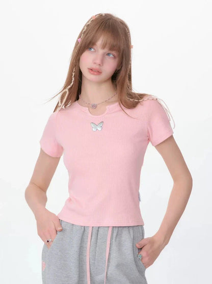 U-neck butterfly short sleeve T-shirt