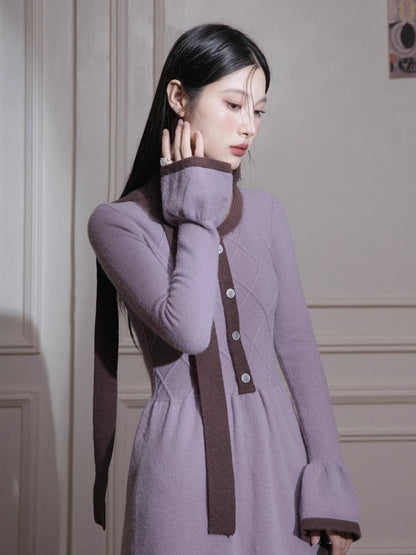 Brown U-Neck Diamond Wool Dress