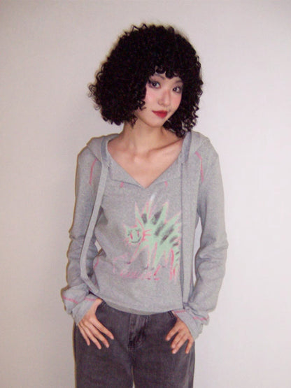 Hooded printed loose long sleeve T-shirt