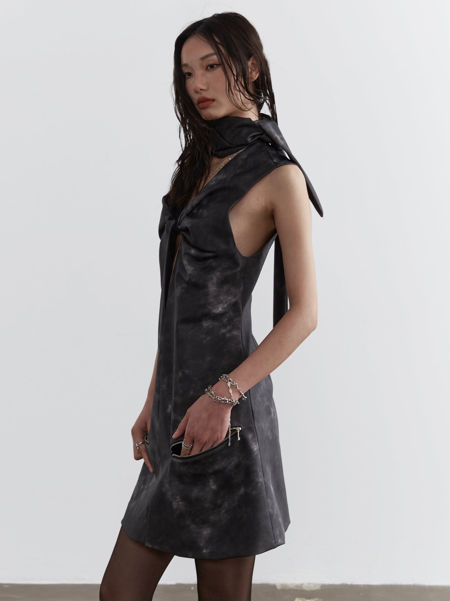 Ink-dyed leather scarf dress