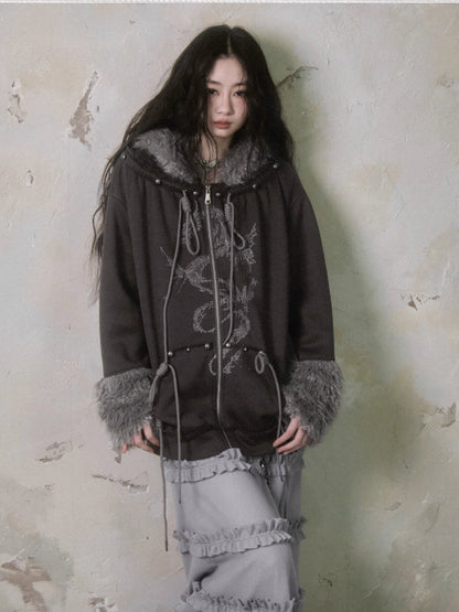 Fur and velvet hooded sweatshirt