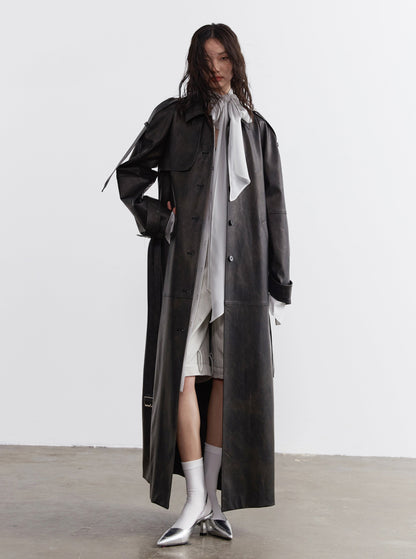 leather heavy maxi trench coat