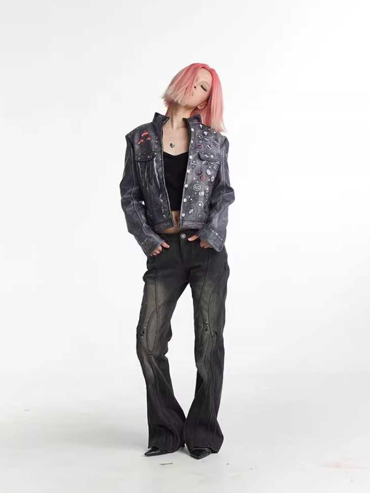 Retro distressed punk leather jacket