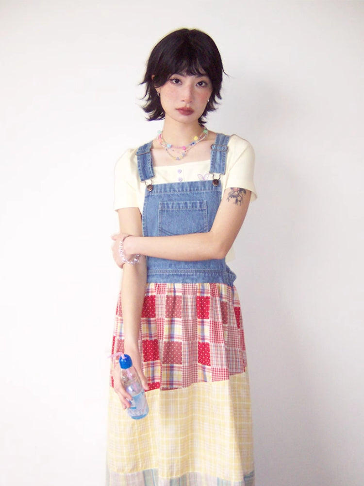 Denim patchwork suspender dress