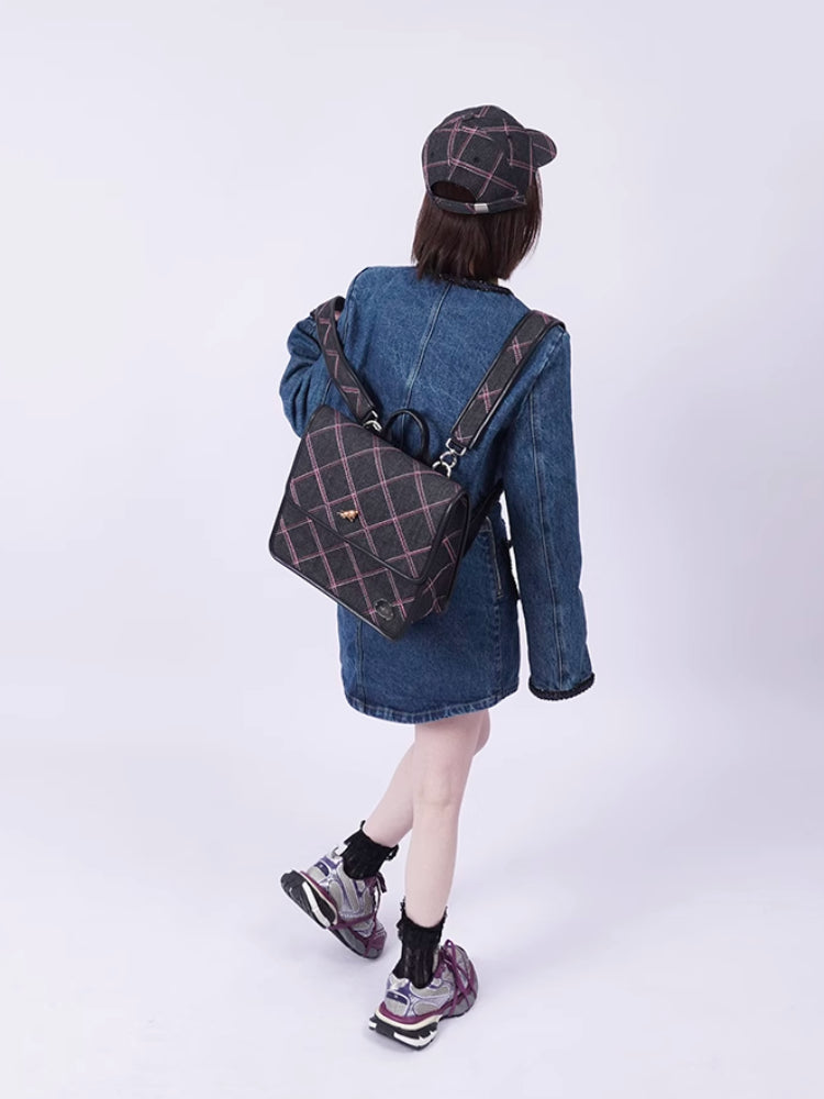 Plaid denim one-shoulder backpack