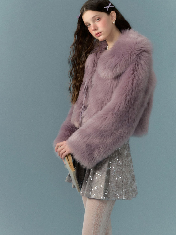 Thick leather ribbon fur coat